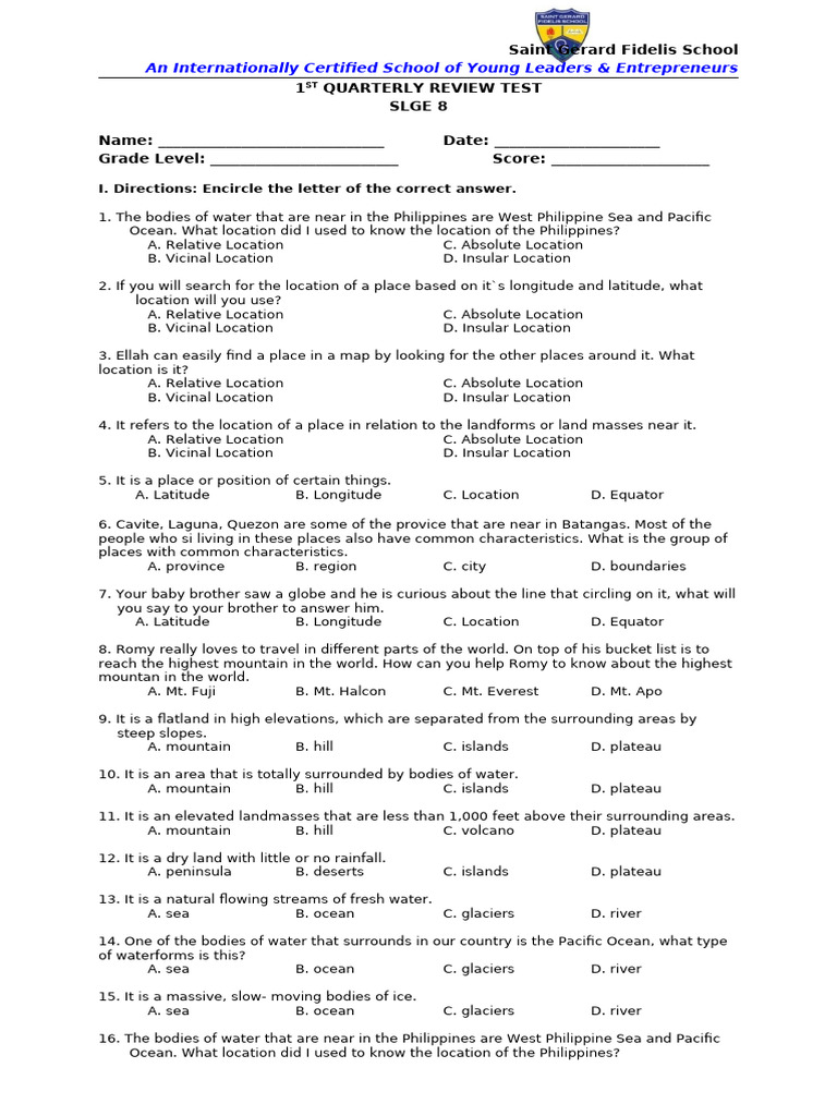 1st Quarterly Review Test in SLGE 8 | PDF | Human Evolution | Mountains