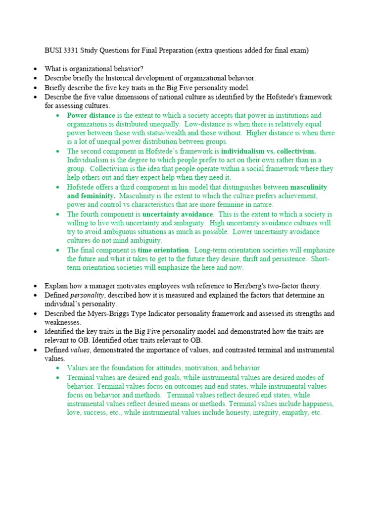 BUSI 3331 Final Exam Study Guide | PDF | Motivational | Motivation