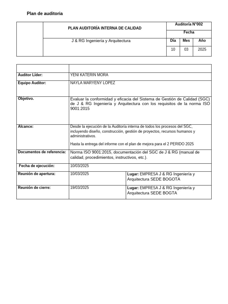 Auditoría Interna ISO 9001:2015 J&RG | PDF | Auditoría | Sistema de ...