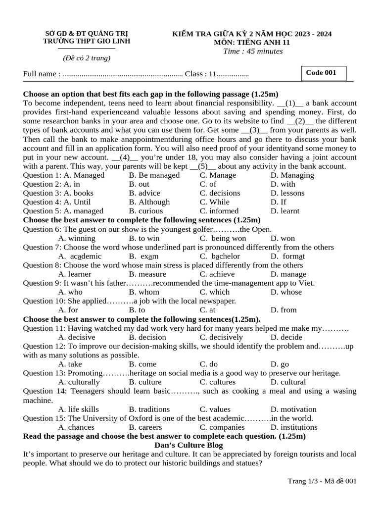 English Test for 11th Grade Students | PDF | Learning | Cognition