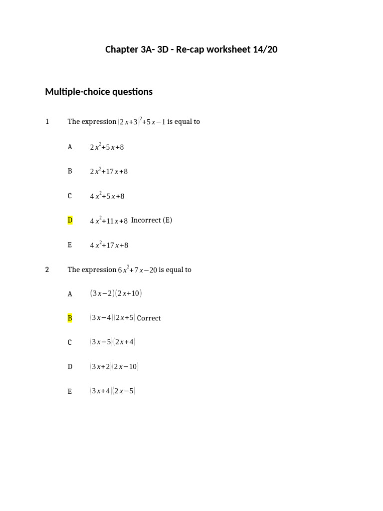 Chapter 3A-3D - Re-Cap Worksheet | PDF | Mathematical Concepts | Graph ...