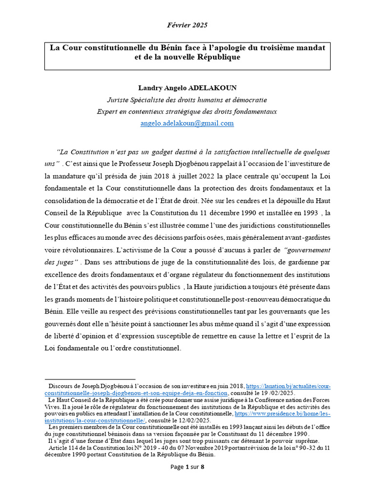 Rôle de la Cour constitutionnelle du Bénin | PDF | Constitution ...