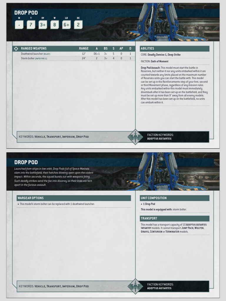 Space Marine Drop Pod Datasheet | PDF