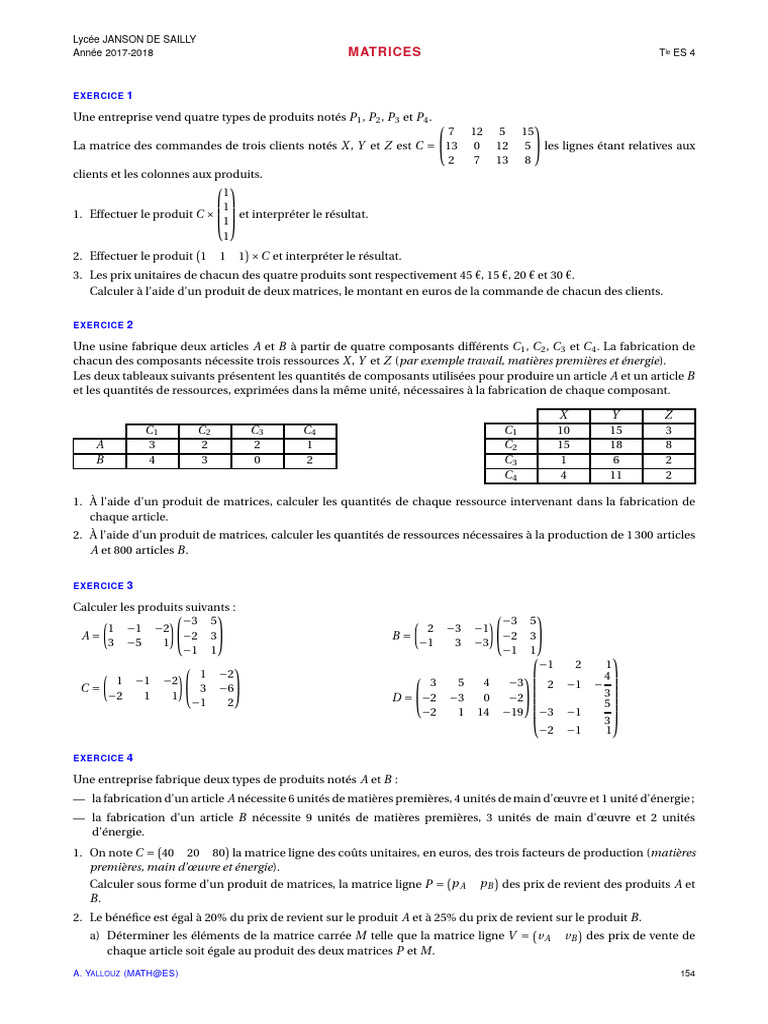 Exercices de Matrices au Lycée Janson | PDF | Matrice (Mathématiques)