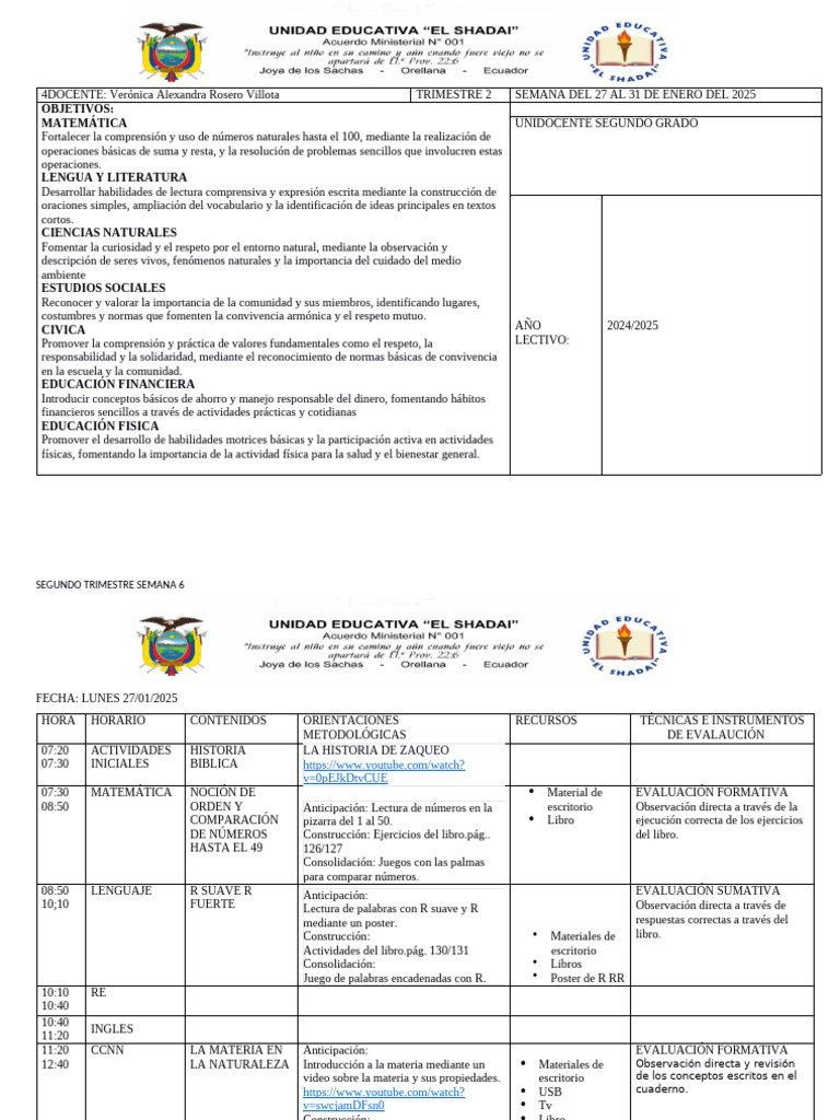 Plan de Clases Segundo Grado 2025 | PDF