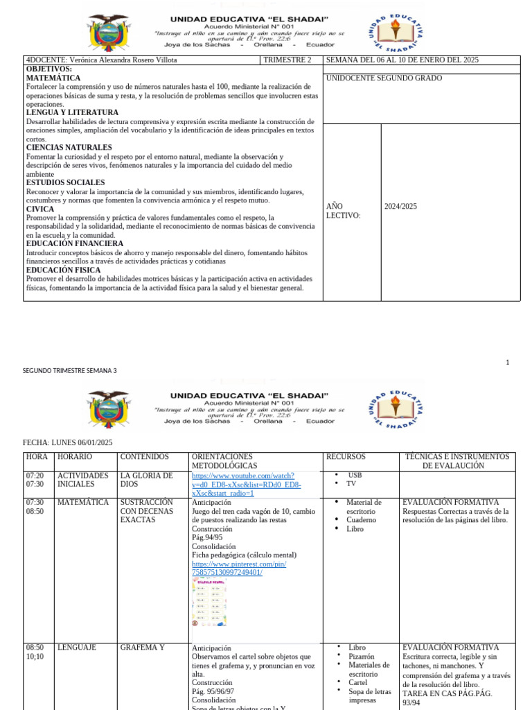 Plan de Clases Segundo Grado 2025 | PDF | Cognición | Aprendizaje