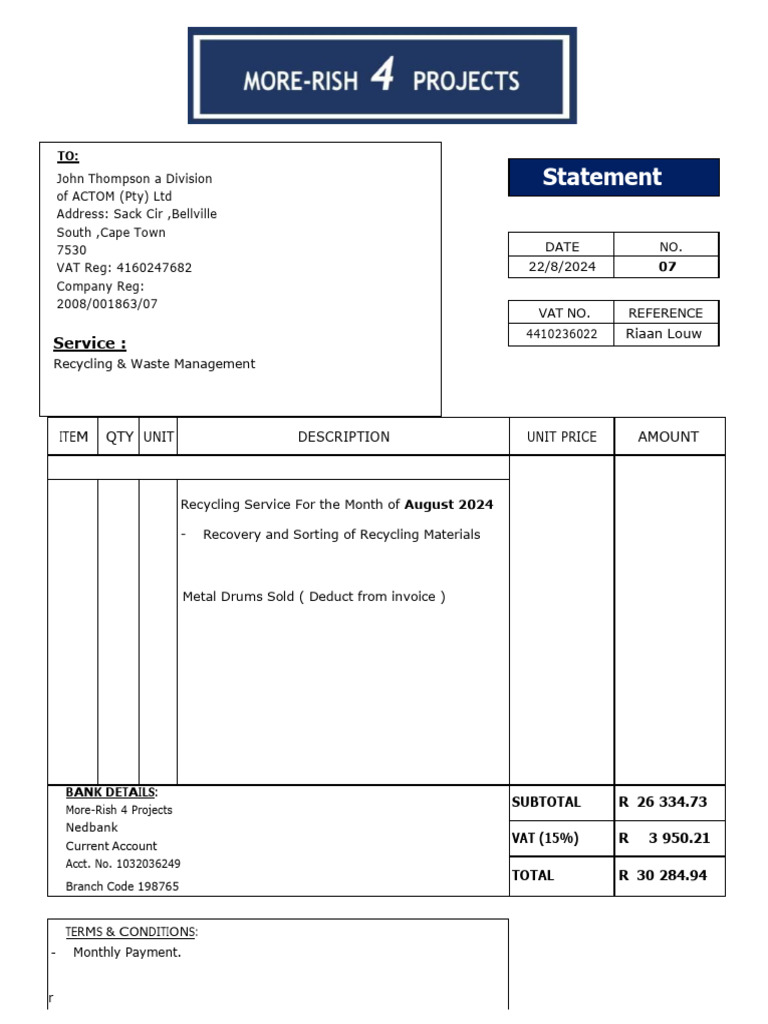 John Thompson Invoice Riaan August Statement No 7 | PDF