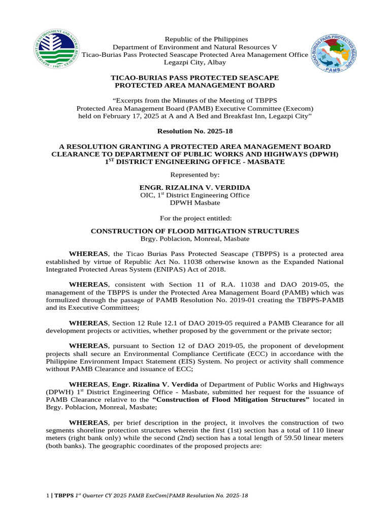 PAMB Clearance for Masbate Flood Project | PDF | Natural Environment ...