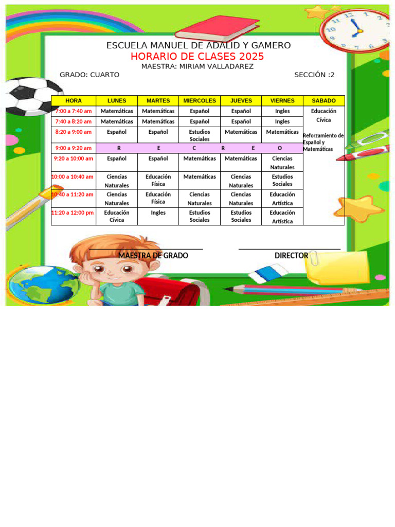 Horario Clases Cuarto Grado 2025 | PDF