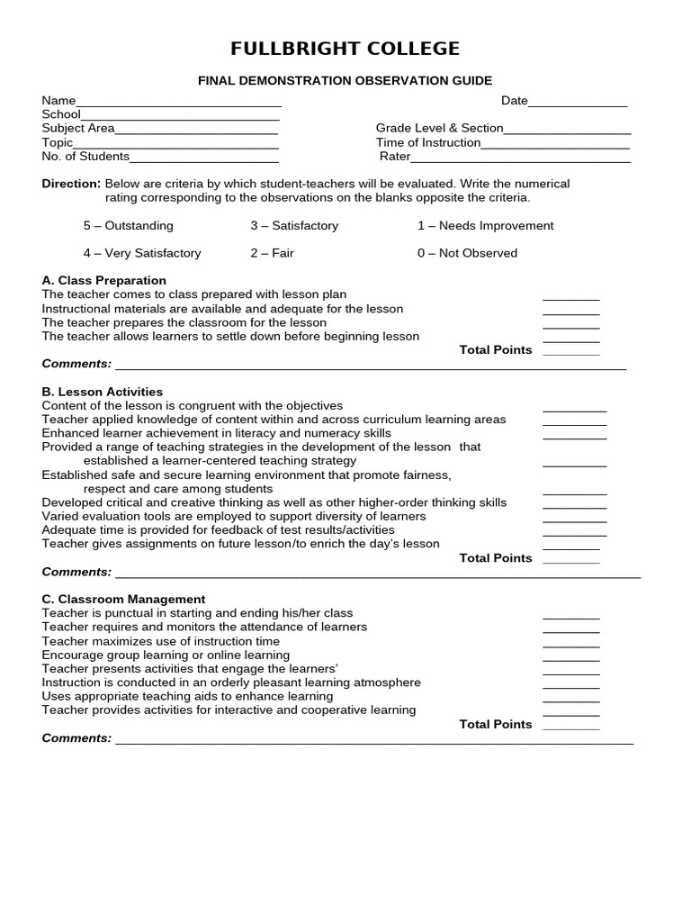 FBC Final Demo Rating Form 1 | PDF | Teachers | Learning