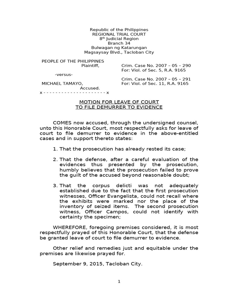 Motion 4 Leave to File Demurrer | PDF | Demurrer | Prosecutor
