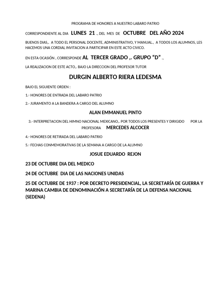 Acto Cívico del 21 de Octubre 2024 | PDF