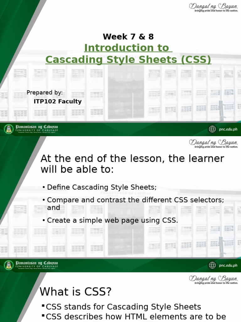 ITP102 WEEK 8 To 9 Introductio To CSS | PDF | Html | World Wide Web