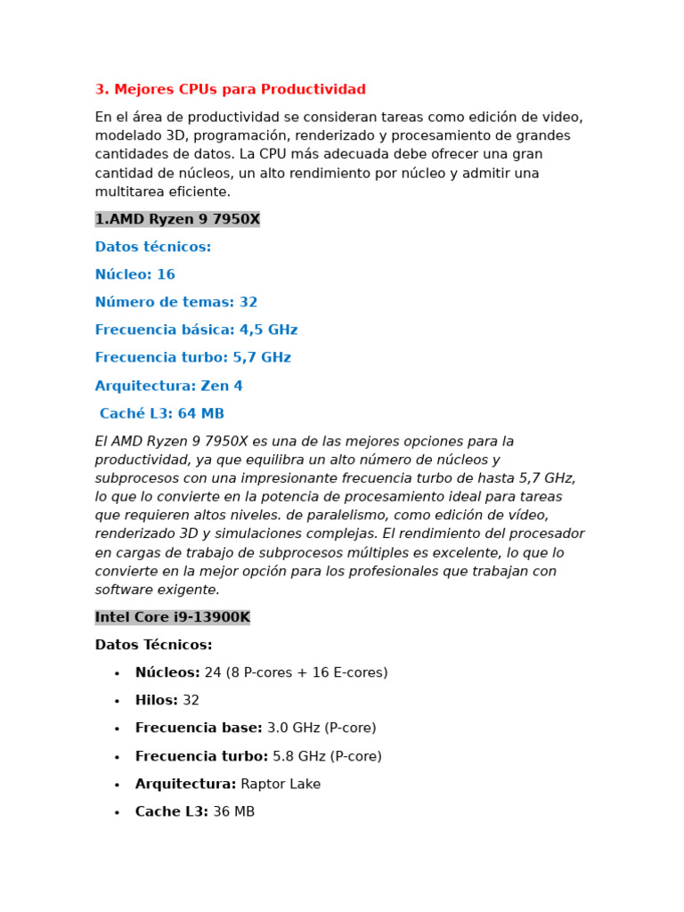 Mejores Cpus para Productividad: 1.amd Ryzen 9 7950X | PDF