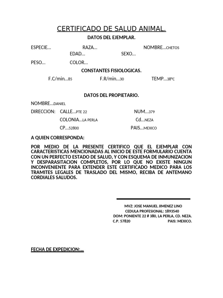 Certificado de Salud Animal para Chetos | PDF