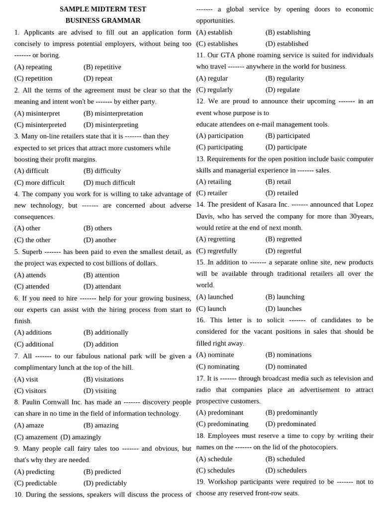 Week 11 - Sample Midterm Test - Business Grammar | PDF | Retail