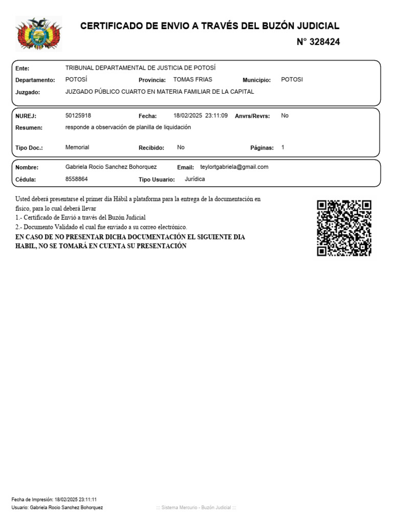 Certificado de Envío Buzón Judicial Bolivia | PDF