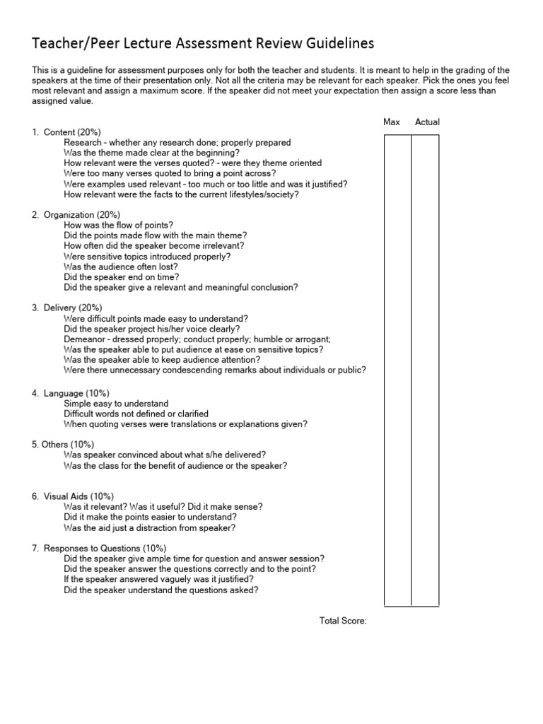 Teacher Peer Lecture Assessment Guidelines | PDF | Communication | Learning