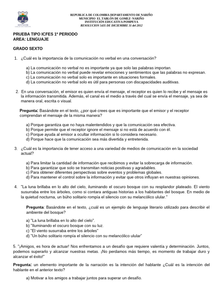 Prueba ICFES Lenguaje y Economía Grados 6-11 | PDF | Comunicación ...