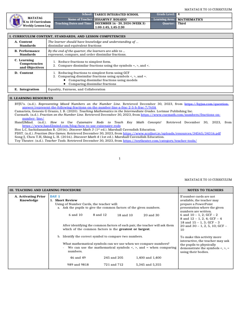 Grade 4 Math: Fractions Q3 W3 Lesson Plan | PDF | Learning | Mathematics