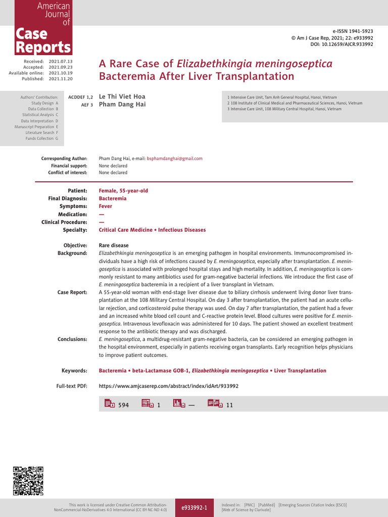 A Rare Case of Elizabethkingia Meningoseptica Bacteremia After Liver ...