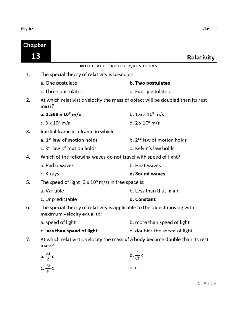 Relativity MCQs for Class 11 Physics | PDF | Special Relativity | Speed ...