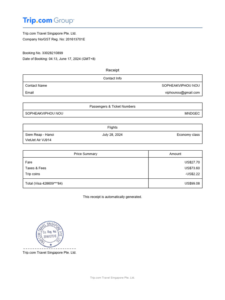 Trip.com Flight Booking Receipt | PDF
