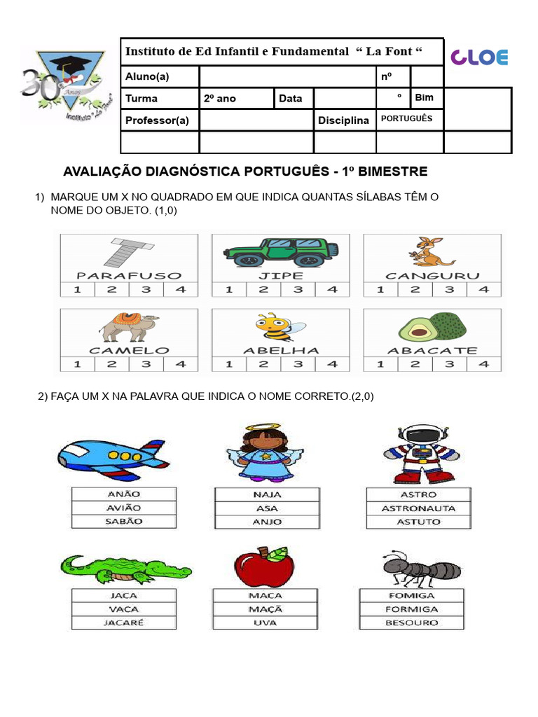 Avaliação Diagnóstica de Português 2º Ano | PDF