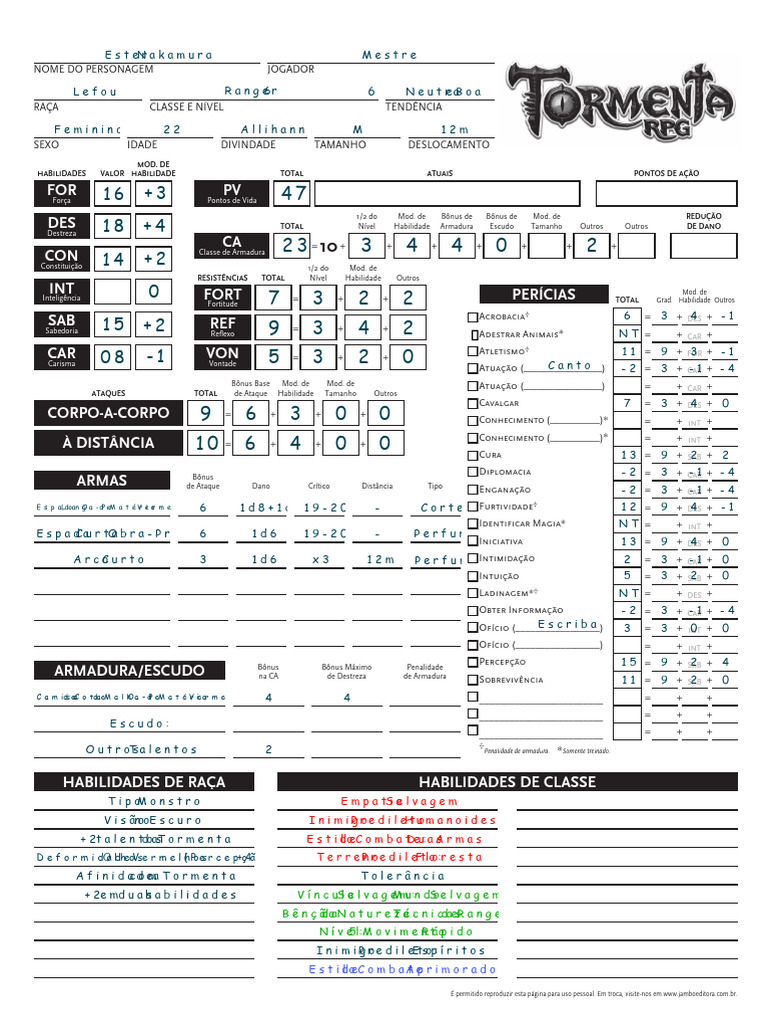Ficha de Personagem para RPG: Ranger 6 | PDF