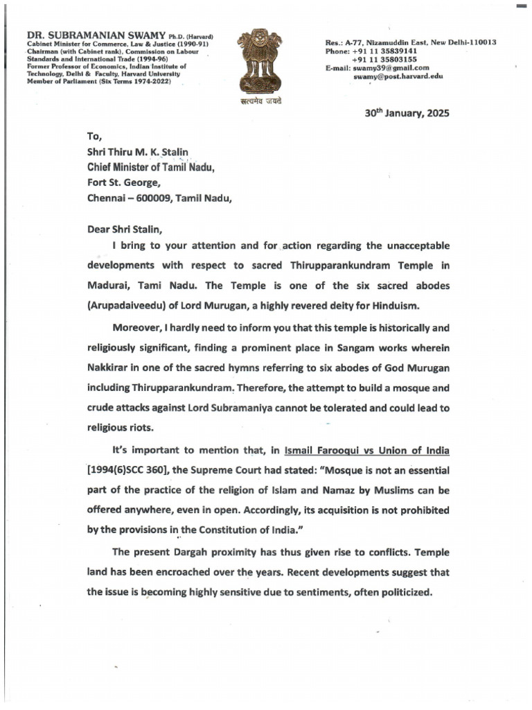 DR Swamy's Letter To TN CM Reg Thiruparankundram - 250203 - 151743 | PDF