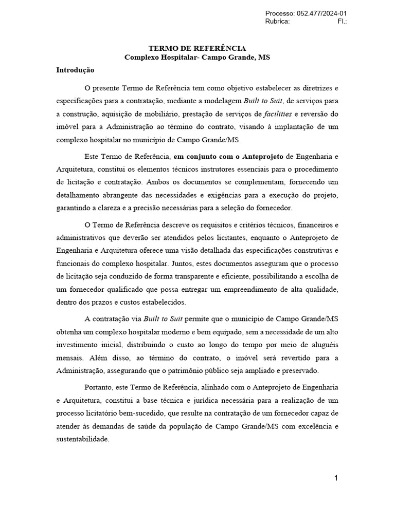 Termo de Referência: Complexo Hospitalar MS | PDF | BIM | Custo