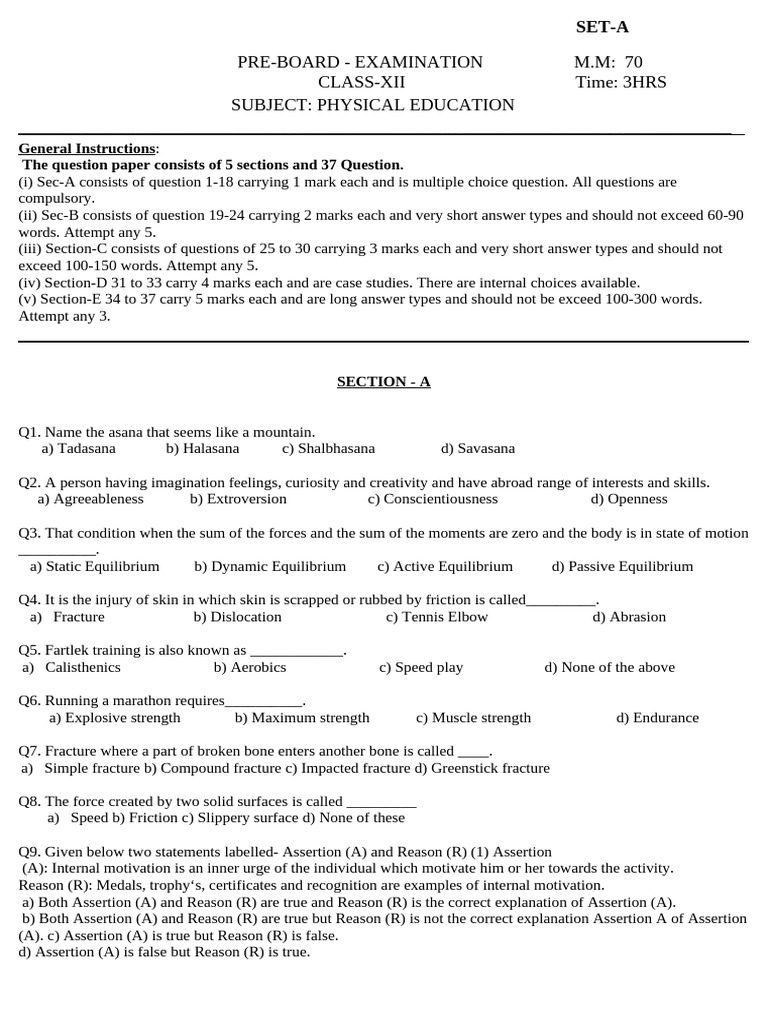 Class XII Physical Education Pre-Board Exam | PDF | Force