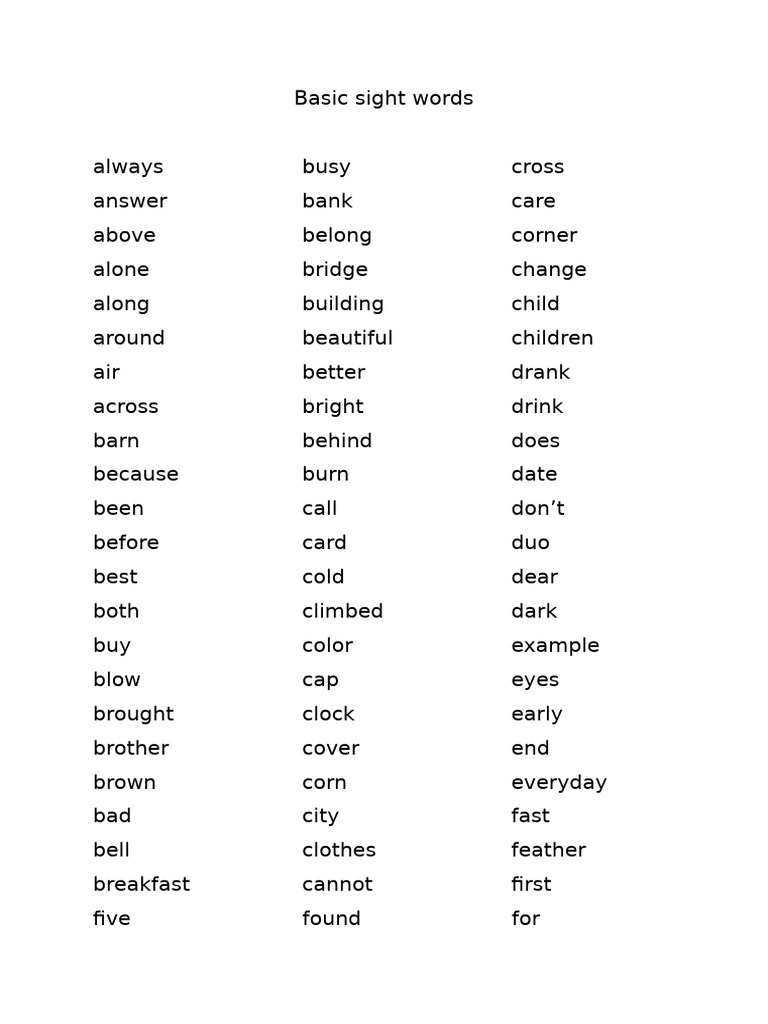 Basic Sight Words List | PDF