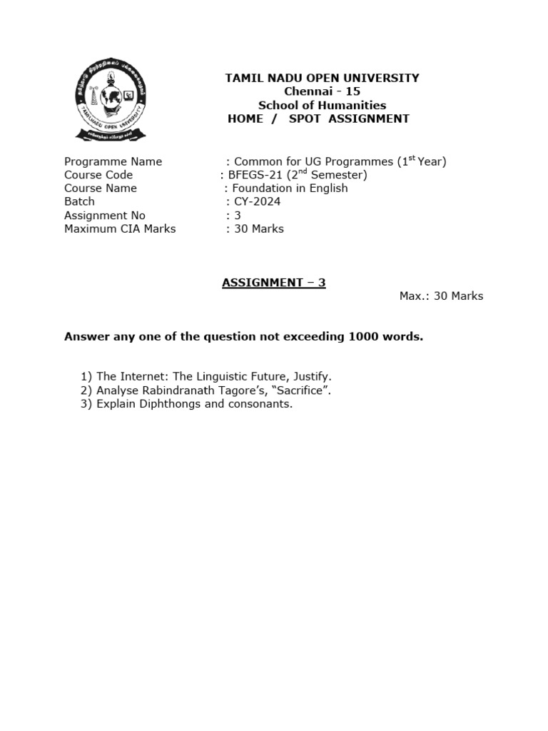 Tamil Nadu Open University Assignment Guide | PDF