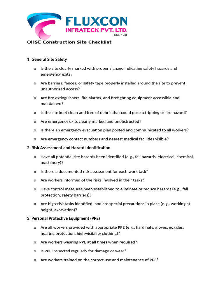 Construction Site Safety Checklist | PDF | Personal Protective ...