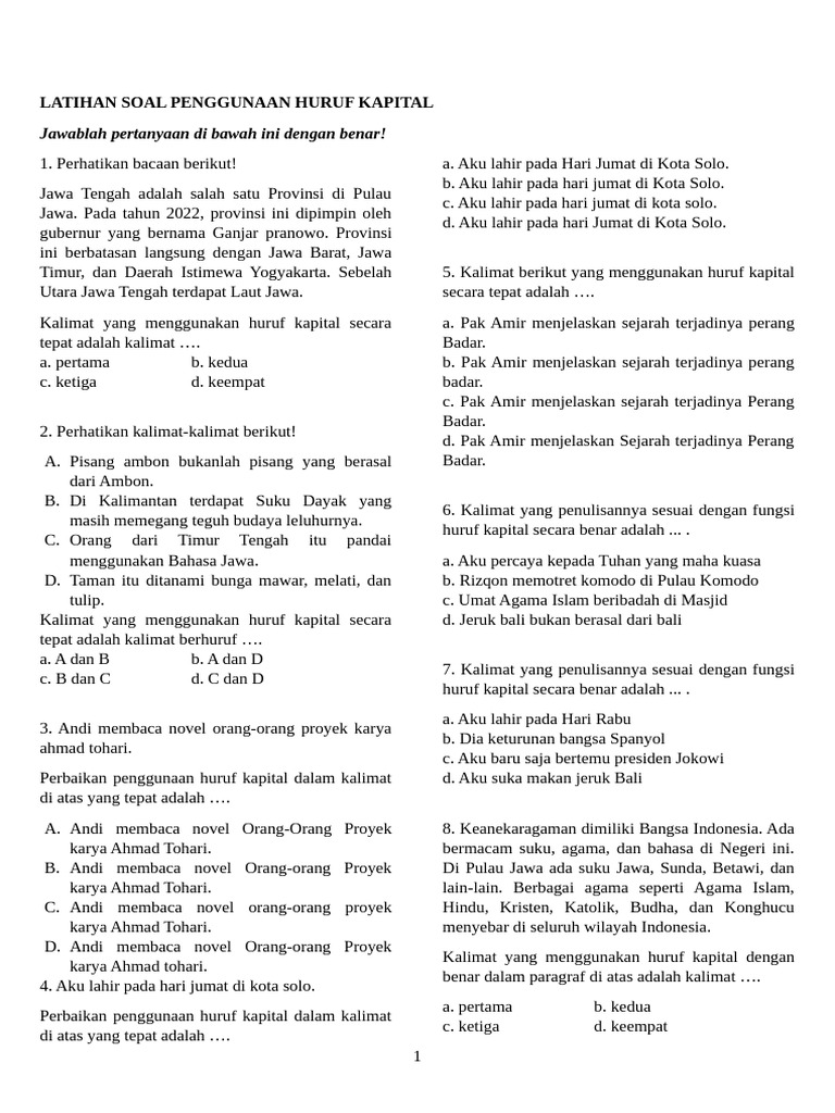 Latihan Soal Huruf Kapital Bahasa Indonesia Pdf