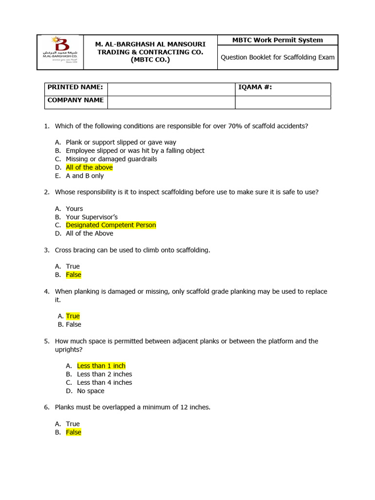 Scaffolding Exam Question Booklet | PDF | Scaffolding | Safety