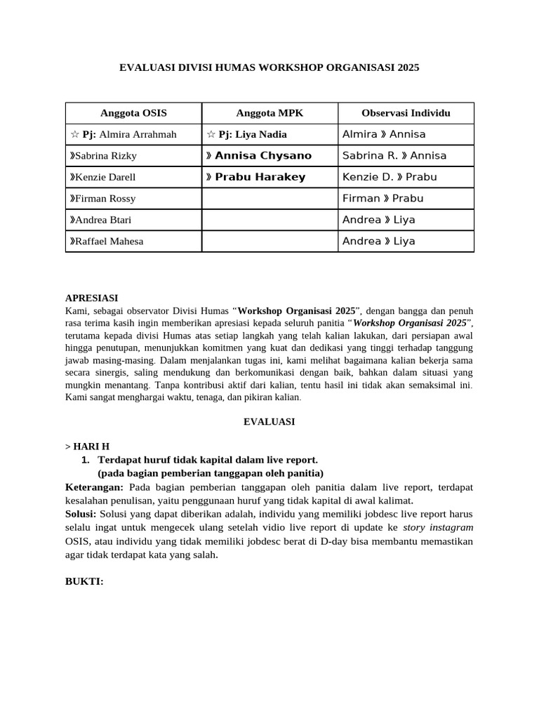Evaluasi Divisi Humas - Workshop Organisasi | PDF