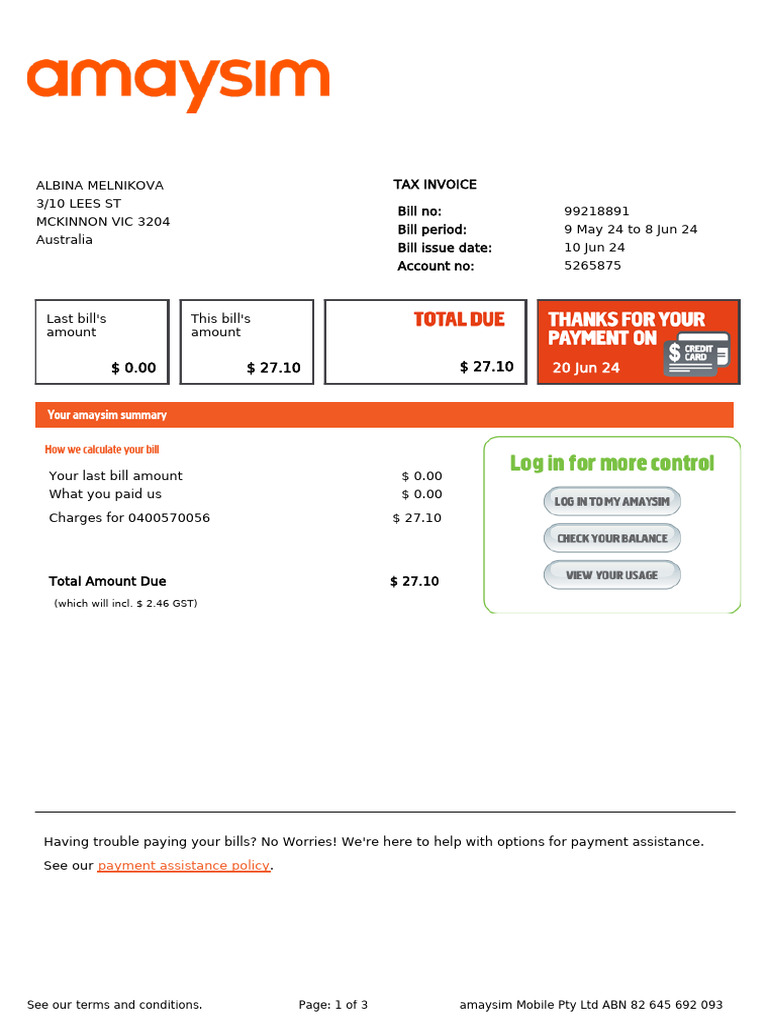 Amaysim Invoice Summary for June 2024 | PDF | Invoice | Payments