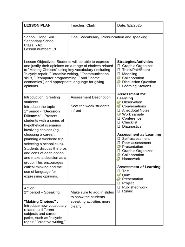 Hong Son_Class 7A2_Lesson Plan 19 | PDF | Lesson Plan | Learning