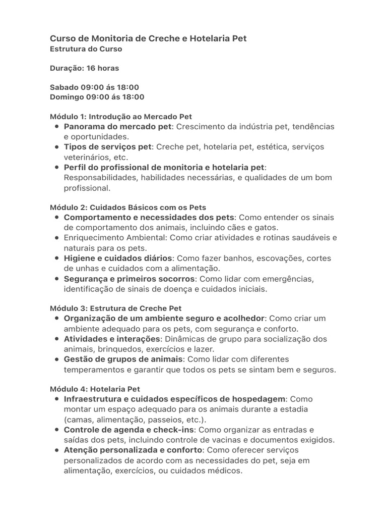 Curso de Monitoria em Creche Pet | PDF