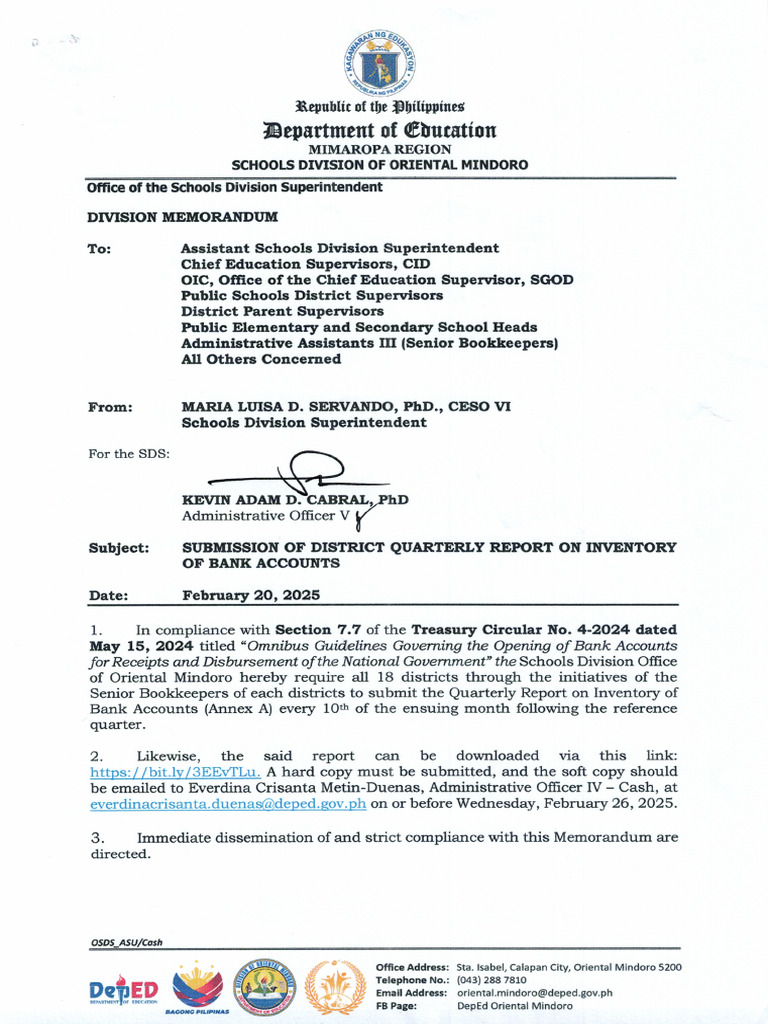 DM Submission of District Quarterly Report On Inventory of Bank ...
