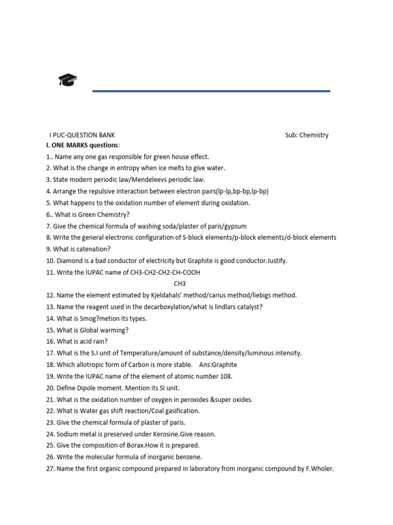 Chemistry I PUC Question Bank | PDF | Chemical Equilibrium | Chemical ...
