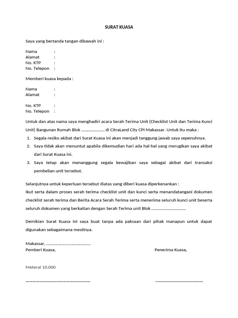 Surat Kuasa Serah Terima Rumah | PDF