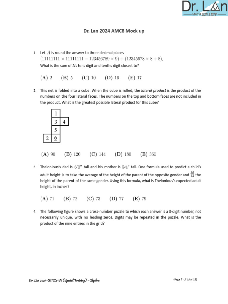 2024 AMC8 Mock Algebra Problems | PDF | Mathematics | Arithmetic