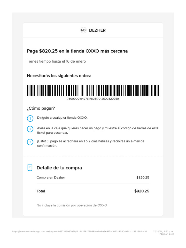 Instrucciones de Pago en OXXO para Dezher | PDF