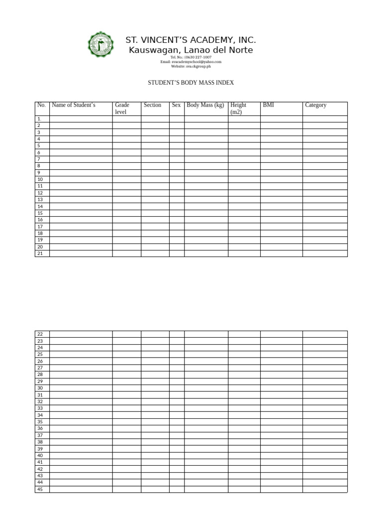 Student BMI Data for St. Vincent's Academy | PDF