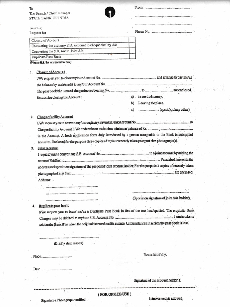 SBI Savings Account Closure Request Form | PDF