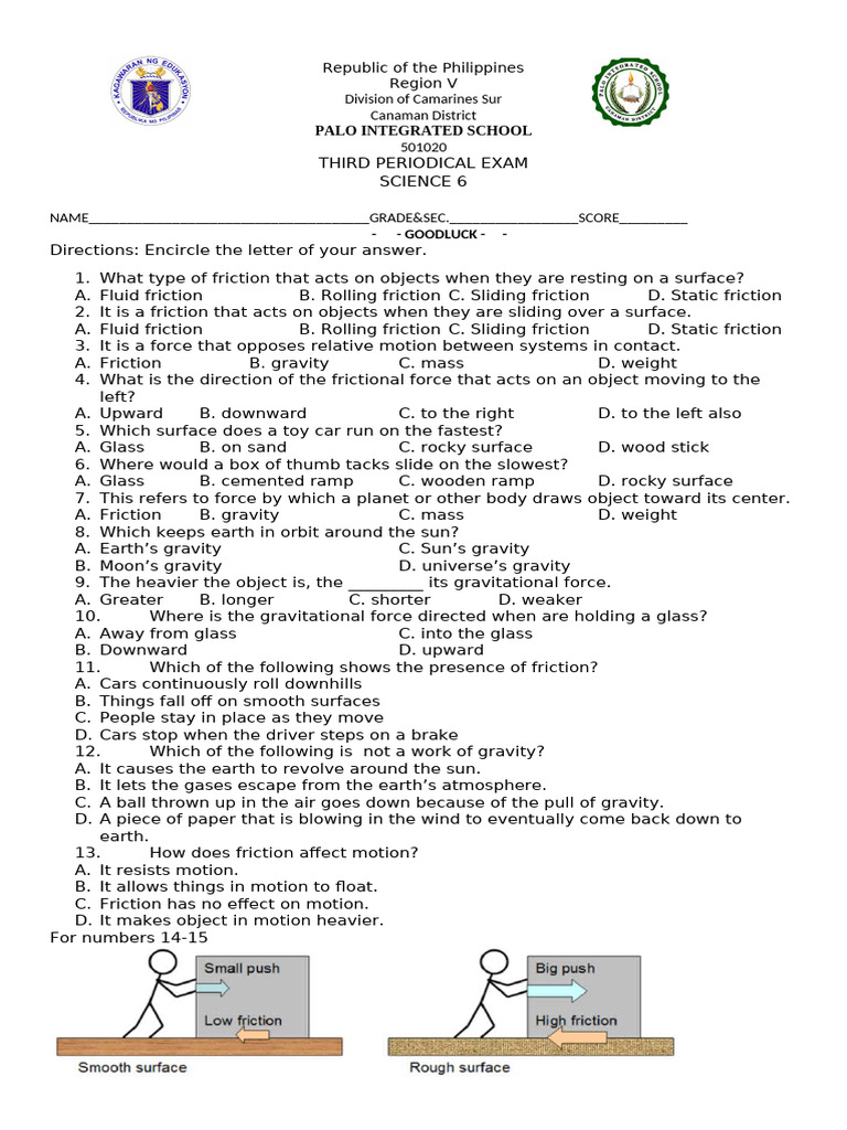 Science 6 Periodical Exam on Friction | PDF | Friction | Force