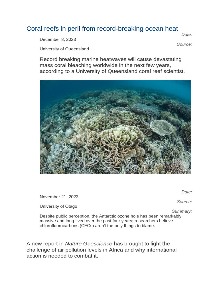 Coral Reefs Face Crisis from Ocean Heat | PDF | Chlorofluorocarbon | Coral